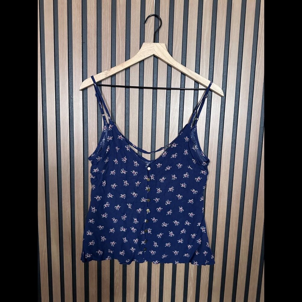 New En Creme Top Small Womens Blue Calico Cami Button Brass